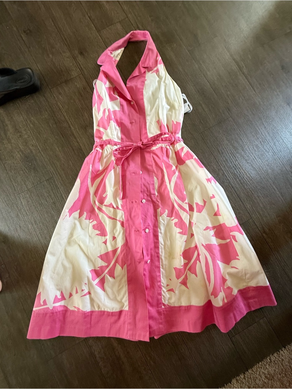 Sleeveless Pink and White Halter Shirt Dress with Tie Waist